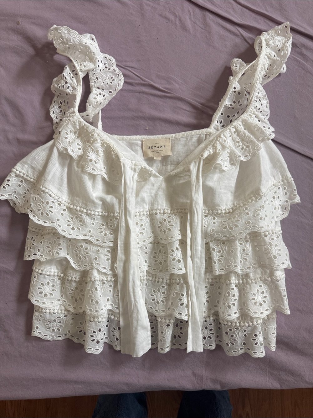 Sezane White Eyelet Ruffle Camisole